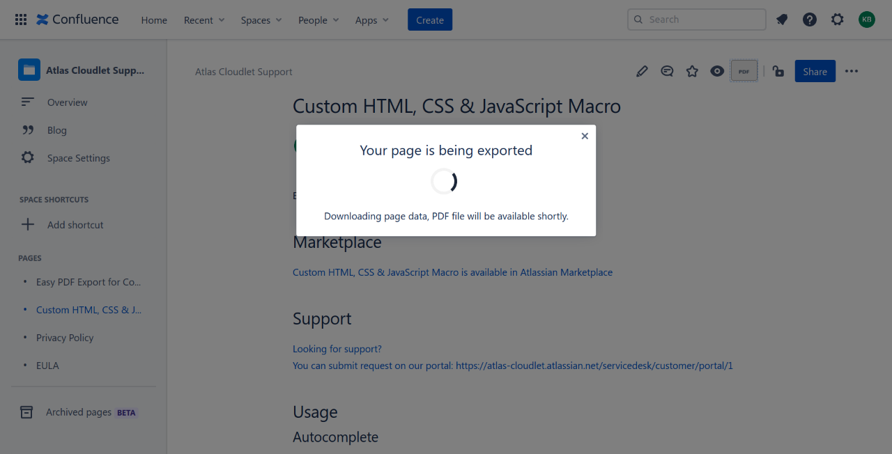 Export to pdf popup. Waiting for pdf generation process to complete