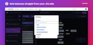 Add statuses to a Jira workflow diagram by searching the ones already on your site, or type a new name. All your saved diagrams stay one click away in the sidebar.