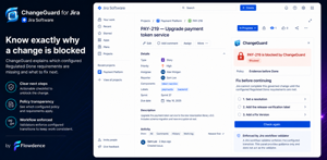 ChangeGuard shows the missing Regulated Done requirements. The issue panel explains the outcome; the Jira workflow validator enforces the transition.