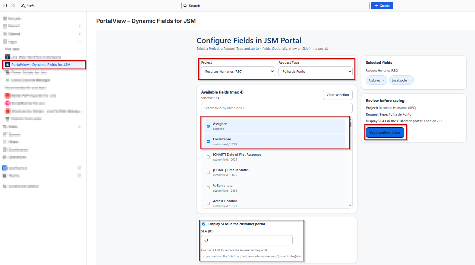 Example of app configuration, selecting the project, the Request Type, the fields I want to display on the portal, and the SLA I want to display as well.