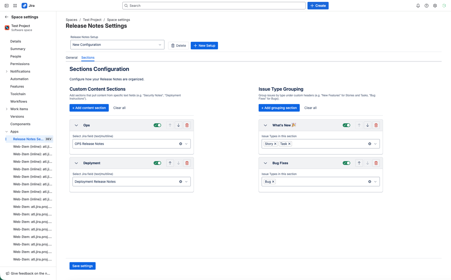 Sections Configuration