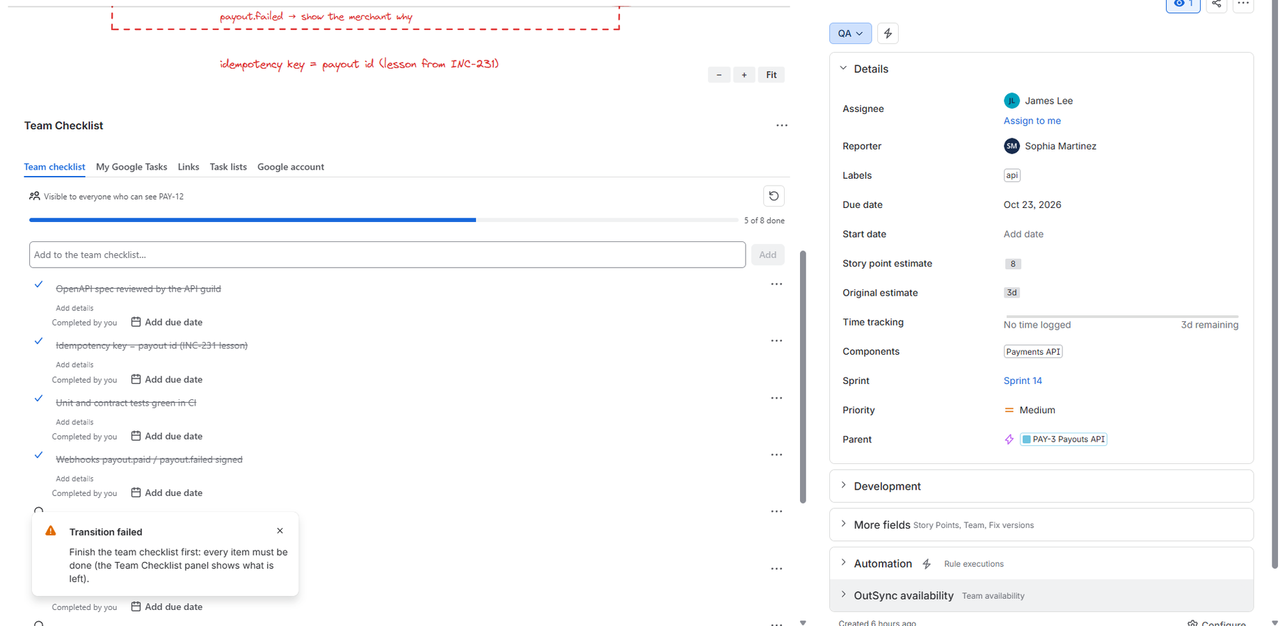 Jira refuses Done until the checklist is complete — your Definition of Done, enforced.