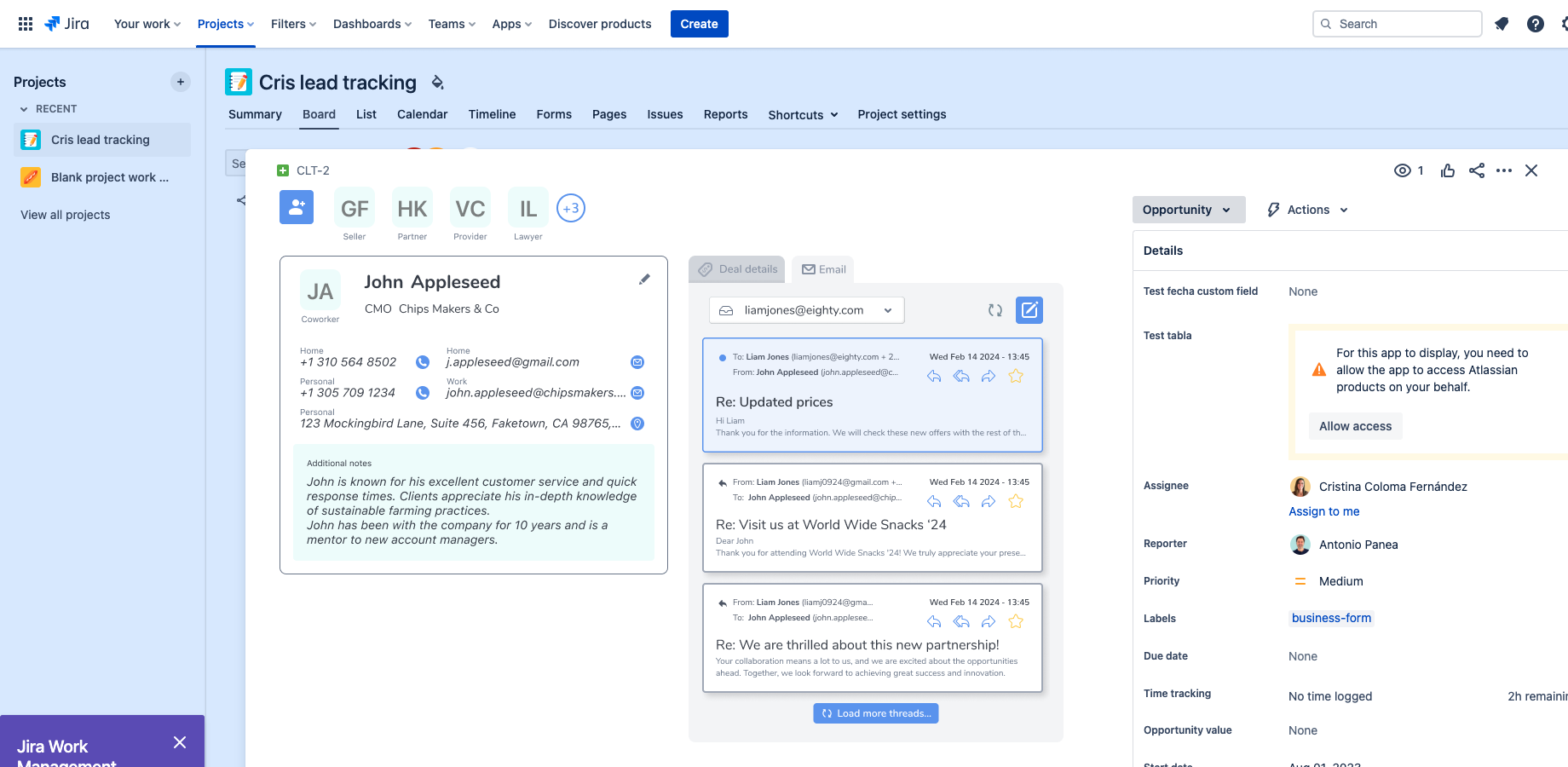 Jira cards can be enhanced with Crmble for Jira features, including contact management, deal tracking, and email integration, all within a single interface.