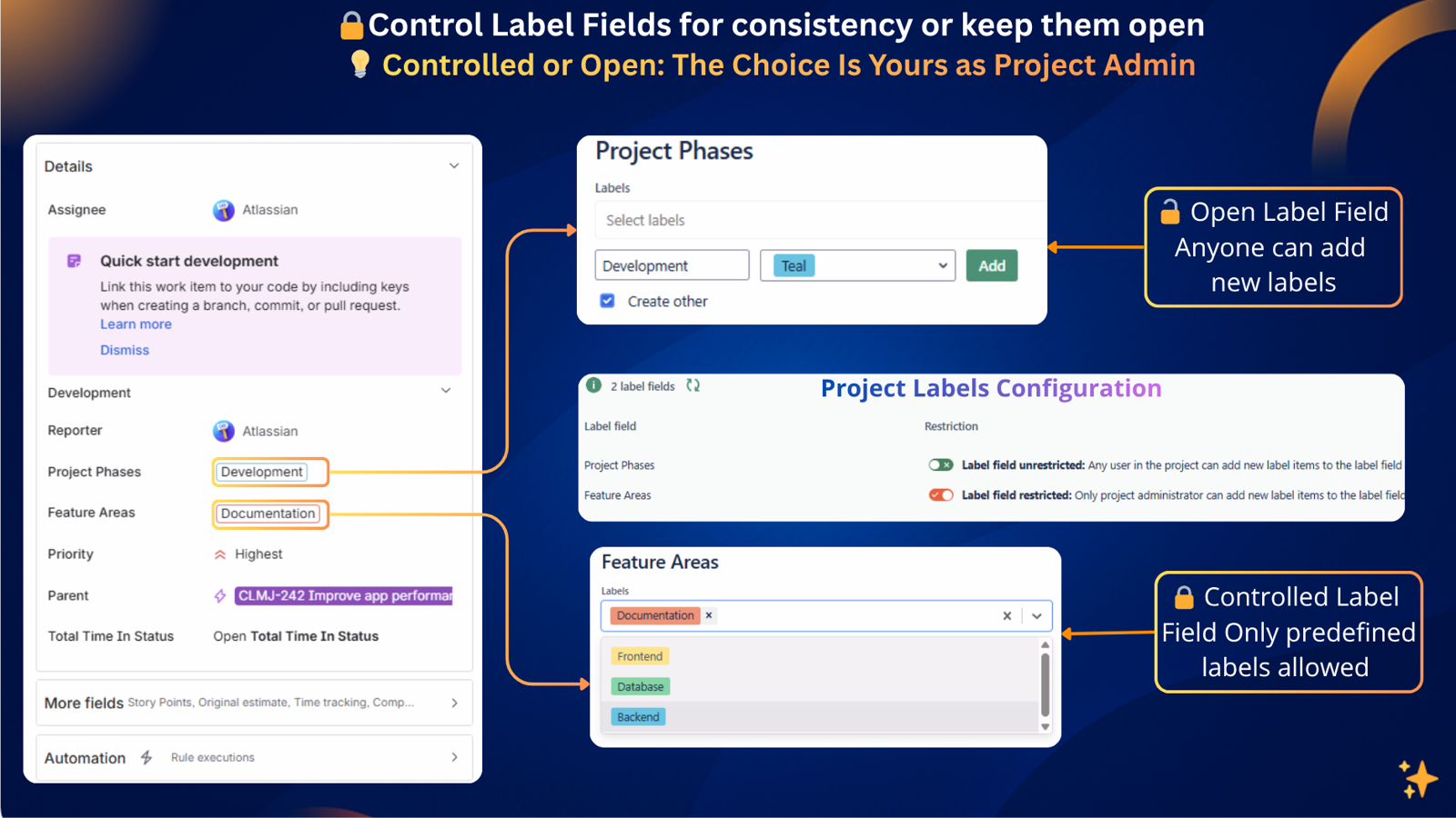 Create Smart Label Fields per project. Let teams add new labels freely or use restricted lists for control. Manage many label fields from one clean interface with colors and consistency.