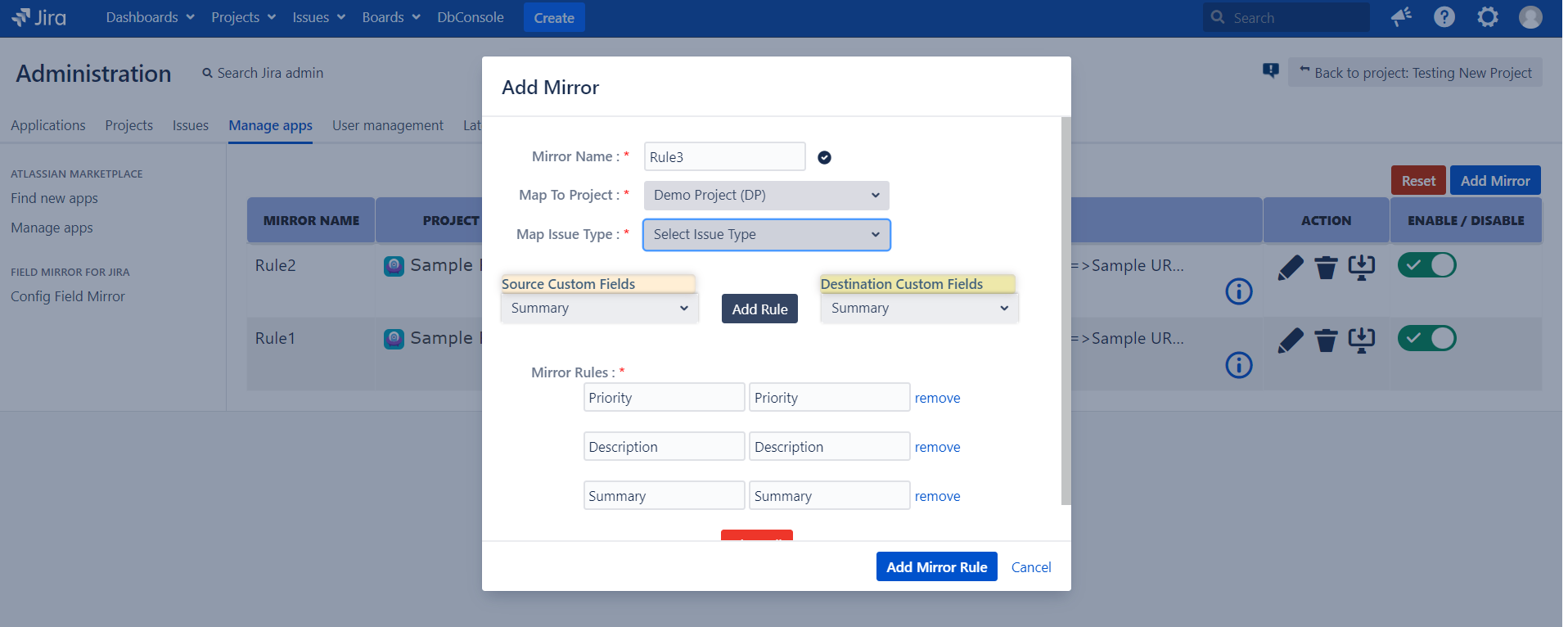 Customize the mirror at Project, Issuetype level