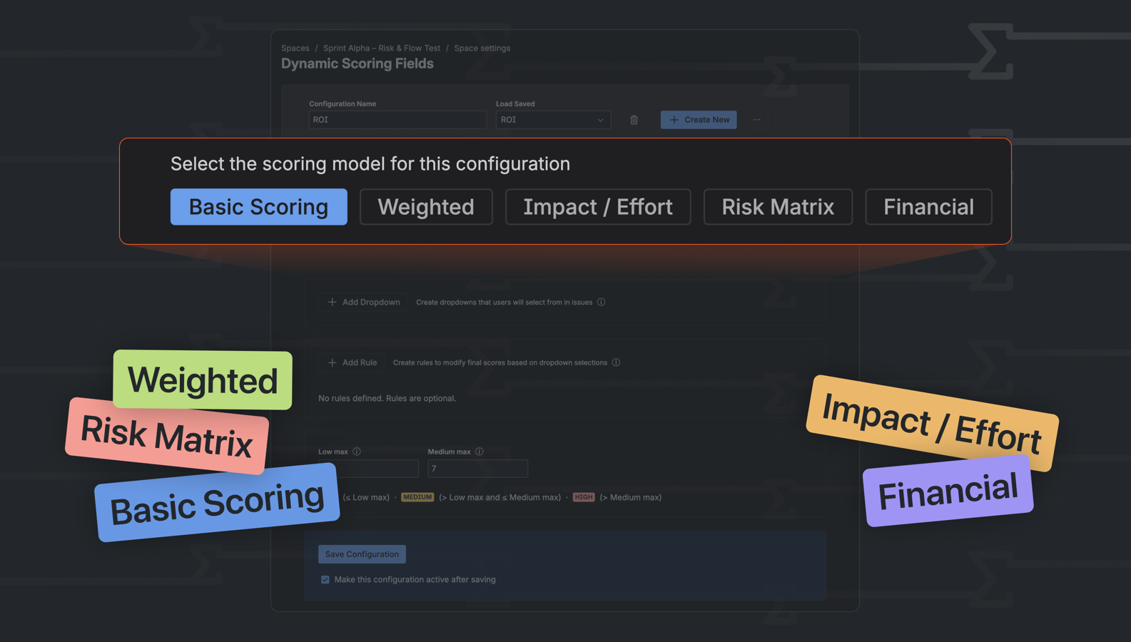 Dynamic Scoring for Jira lets you choose from multiple scoring models — Basic, Weighted, Impact/Effort, Risk Matrix, and Financial, giving teams full flexibility to build evaluations that match their workflow.