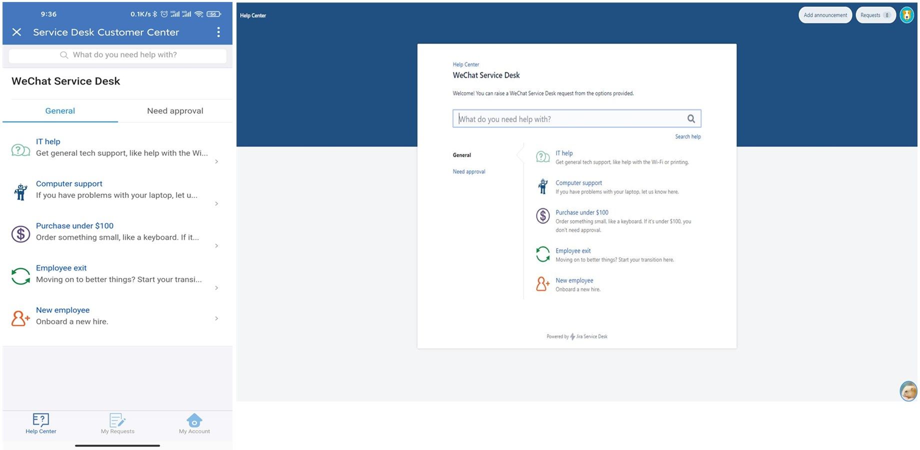Users can create, view, and approve Jira Service Management requests in the WeCom (WeChat Work) app, as well as add comments, share requests, and search for knowledge base articles.