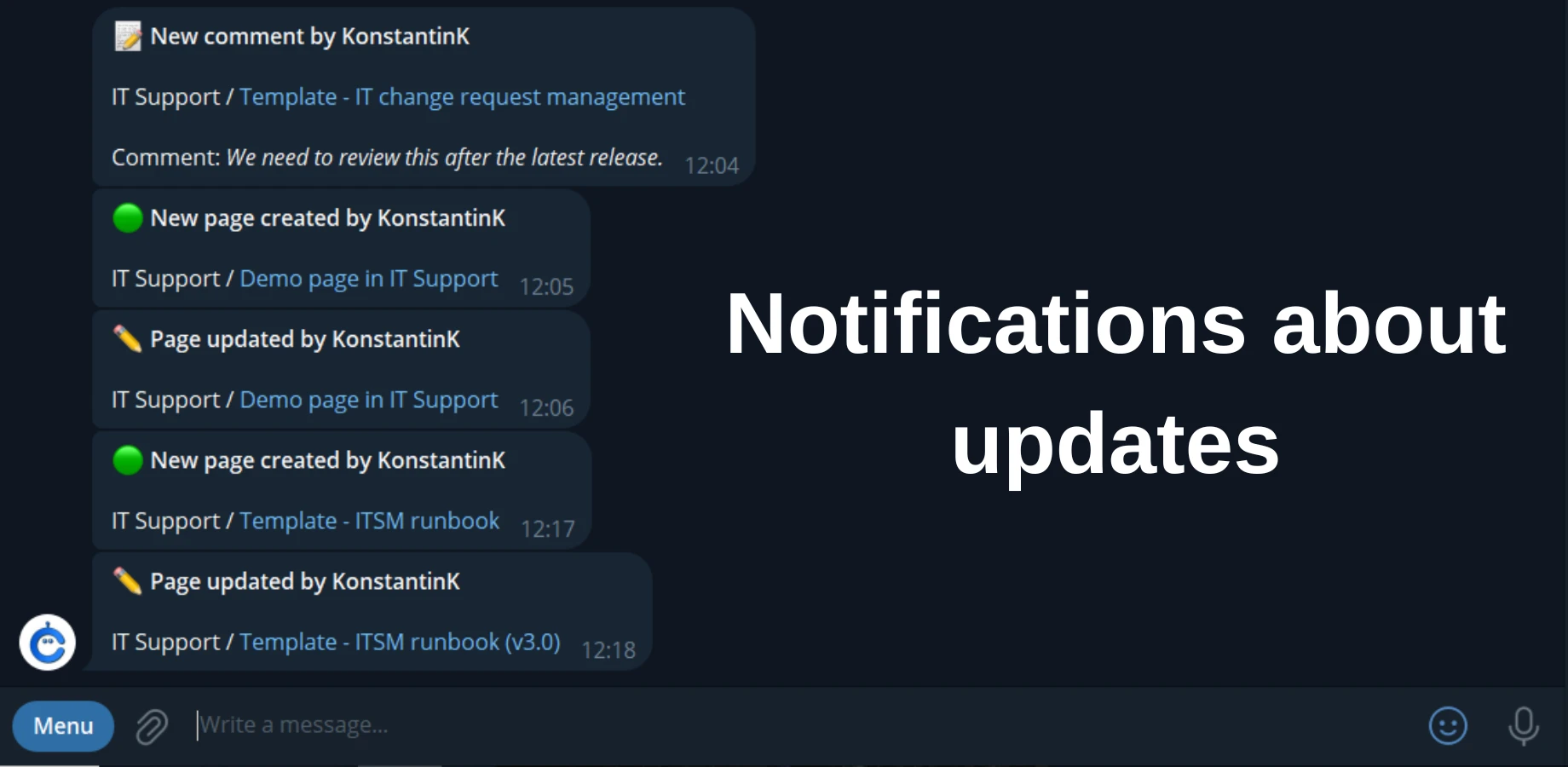 Example of how Confluence page updates and comments appear in Telegram