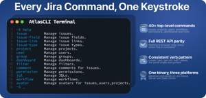 Manage every Jira action from the terminal with 40+ commands that mirror the REST API