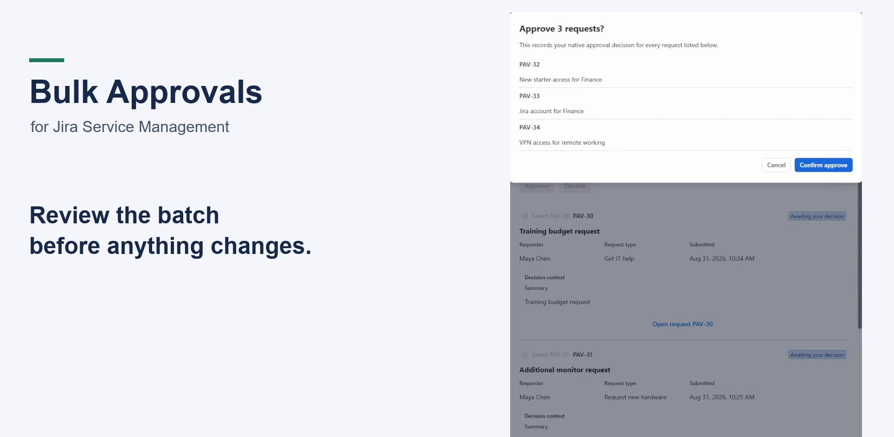 Pending native JSM approvals with several selected, an exact selected count, and Approve and Decline actions ready for confirmation.