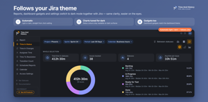 Dark mode is automatic: every report, dashboard gadget and settings page switches with your Jira Cloud theme, and status colours stay readable in both. Nothing to configure.