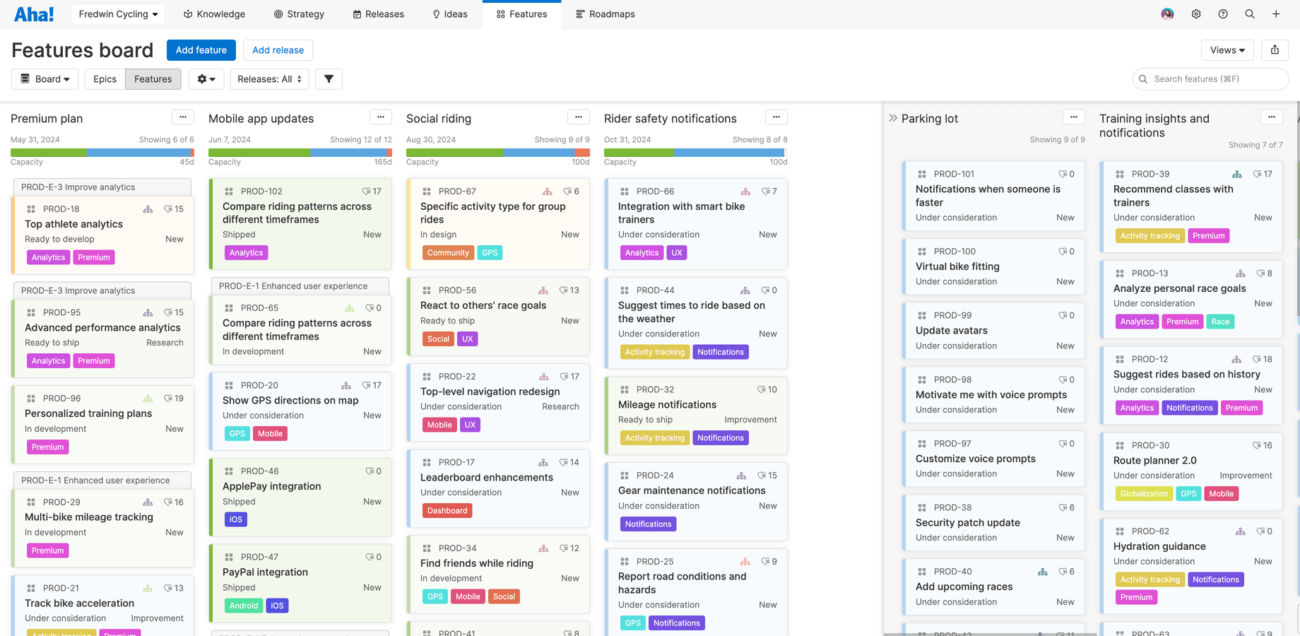 The features board is where you manage your daily work. Define features, prioritize the backlog, and plan upcoming releases. As development begins, updates automatically flow between Aha! and Jira.