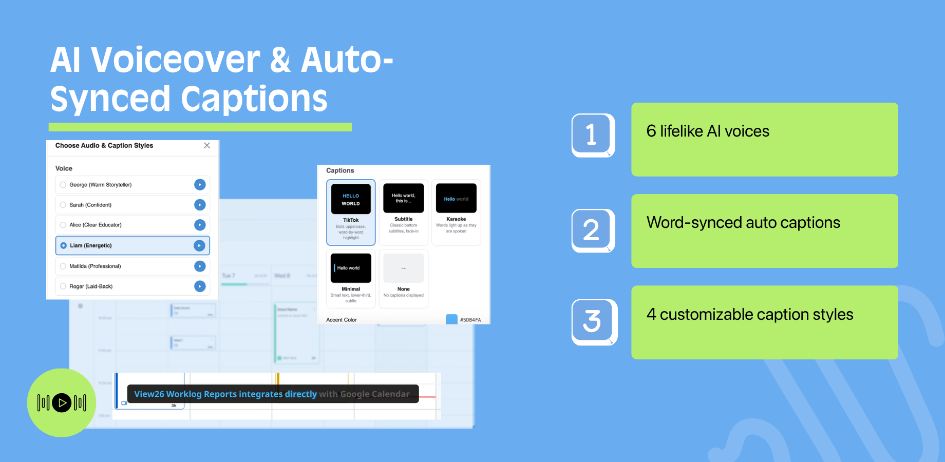 Add lifelike narration to any video with ElevenLabs-powered AI voices. Captions are generated automatically and stay perfectly in sync with the voiceover — choose from TikTok, Subtitle, Karaoke, or Minimal styles.