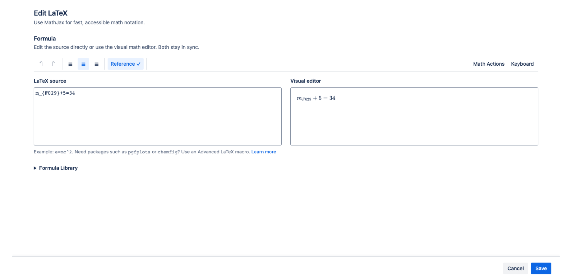 The formula editor previews LaTeX while you write and provides visual tools for faster authoring.