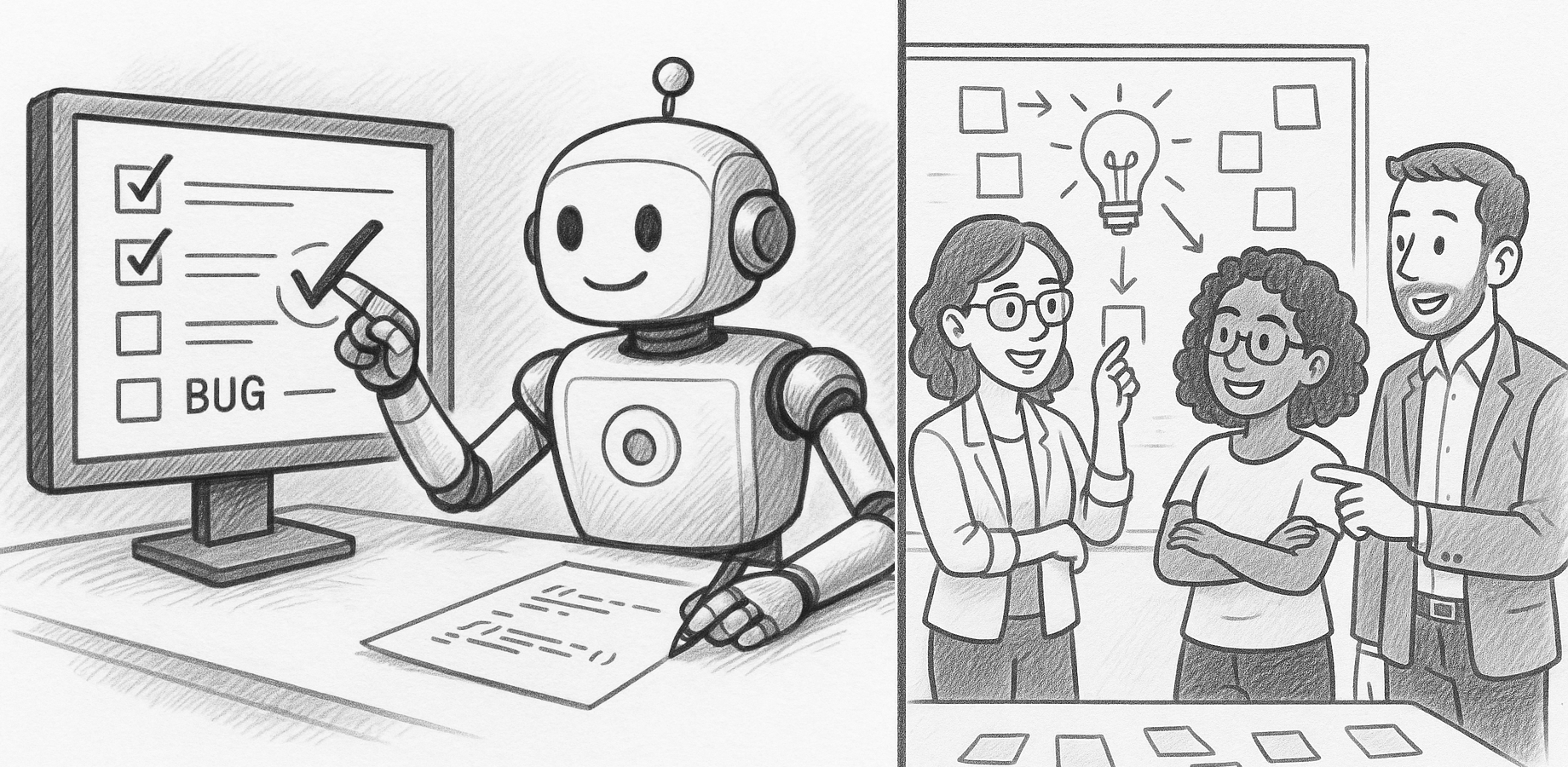 A roboter/AI is working on issues while a team thinks about new ideas.