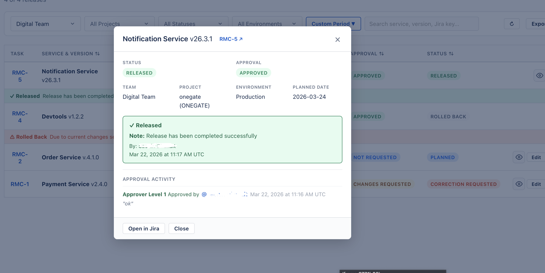 Track approval status in real time. Require sign-offs from engineering, QA, and security teams before a release moves forward.