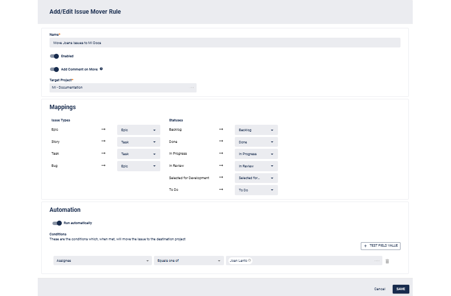​The rule describes how an issue will be moved from the current project to a destination project. A rule specifies if a comment should be added, how to map field values and any details for automation, if required.