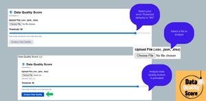 Data Quality Score for Jira: Upload a .csv/.json/.xlsx file, set a threshold (default 90), and analyze. Button activates after file selection, with optional Jira ticketing if score falls below threshold.