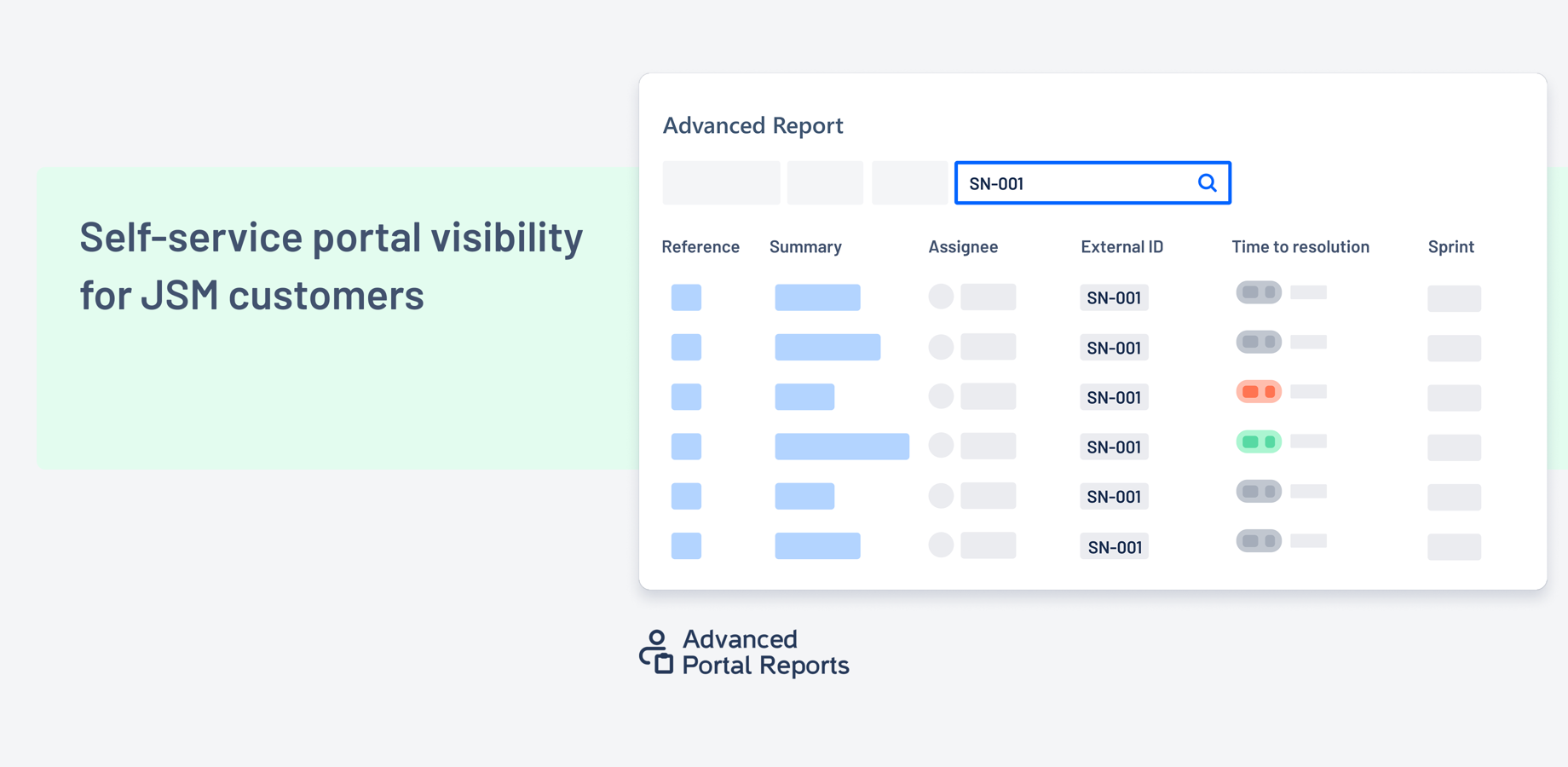 Advanced Report in the JSM Customer Portal: Customers get visibility they usually don’t have into their requests. They can search, filter, and export results, and view context including SLA metrics and custom fields.