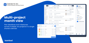 Shared Jira calendar showing issues from multiple projects in monthly view with color-coded cards