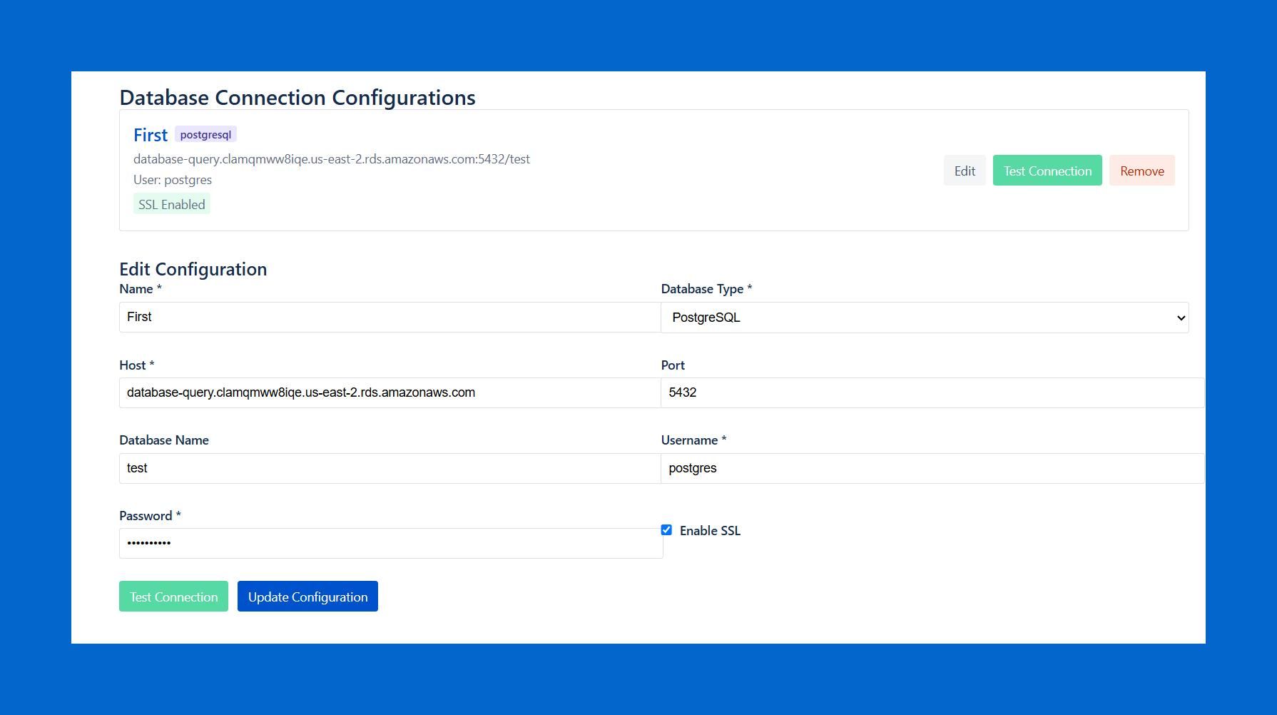 support for PostgreSQL, MySQL, SQL Server, Oracle