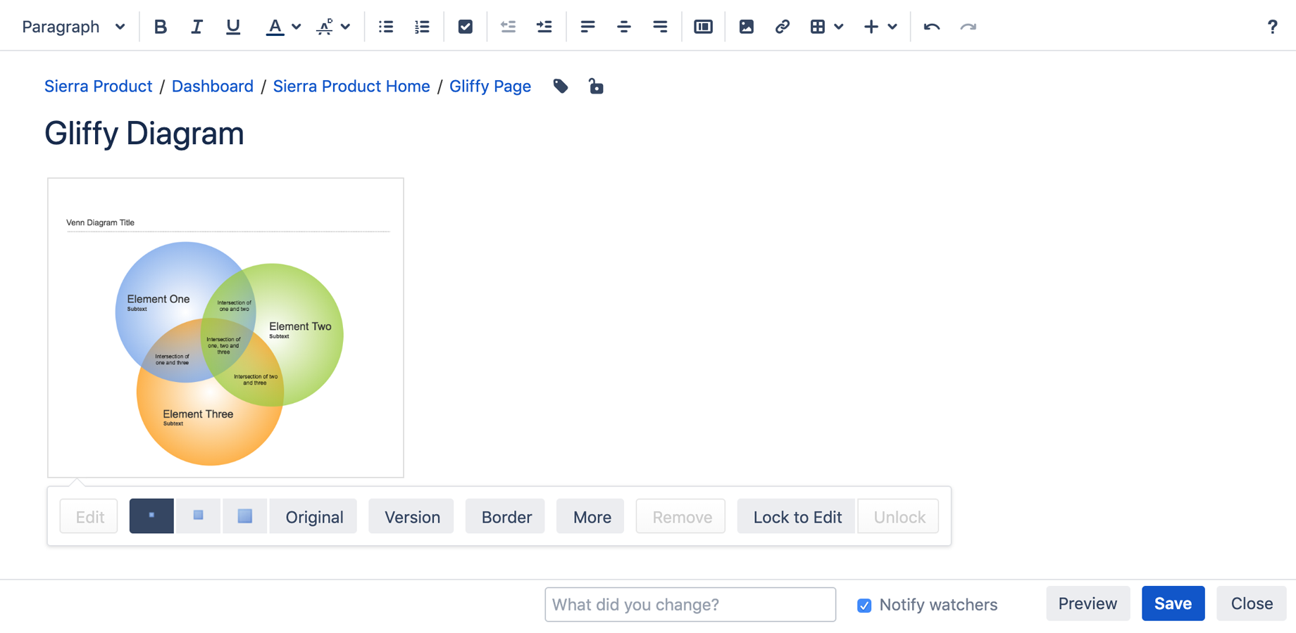 Lock diagrams from the Gliffy macro toolbar without leaving the Confluence editor.