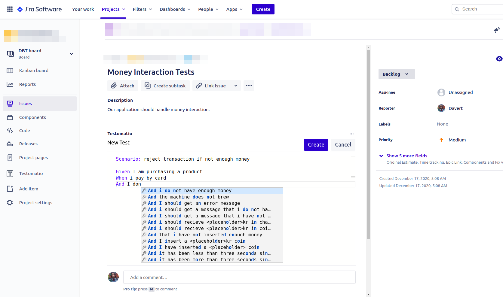 Create BDD scenarios from Jira