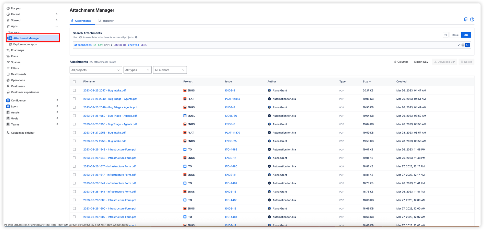 The Attachments tab displays search results in a sortable table with filters for project, type, author, and status. Supports bulk selection, ZIP download, deletion, and CSV export