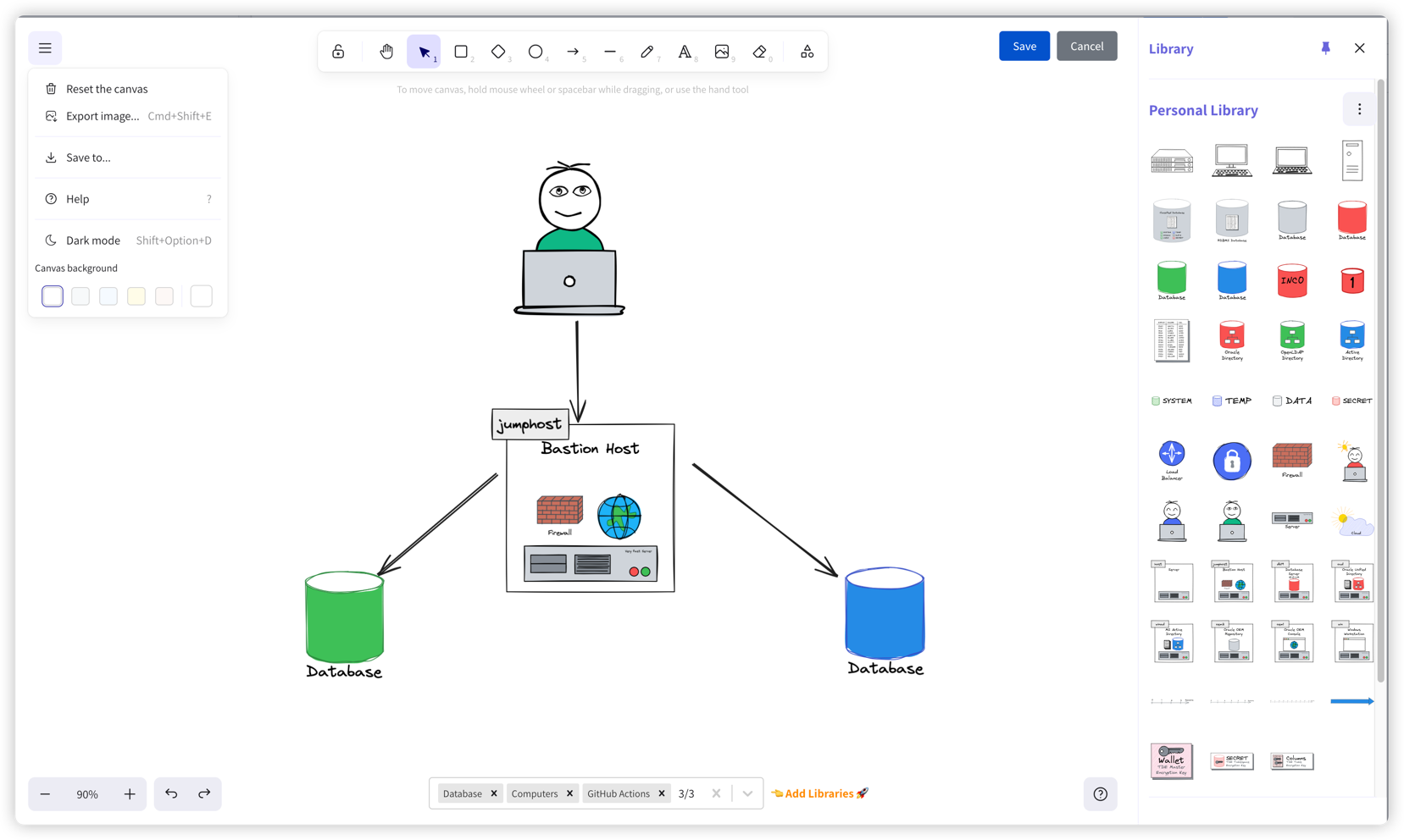 Editor workspace showing the main menu, a hand-drawn architecture diagram, and the Library panel with icons loaded from selected libraries	