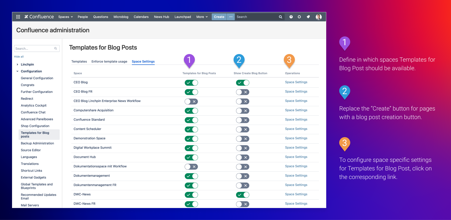 1) Define in which spaces Templates for Blog Post should be available.
2) Replace the Create button for pages with a blog post creation button.
3) To configure space specific settings, click on the link.