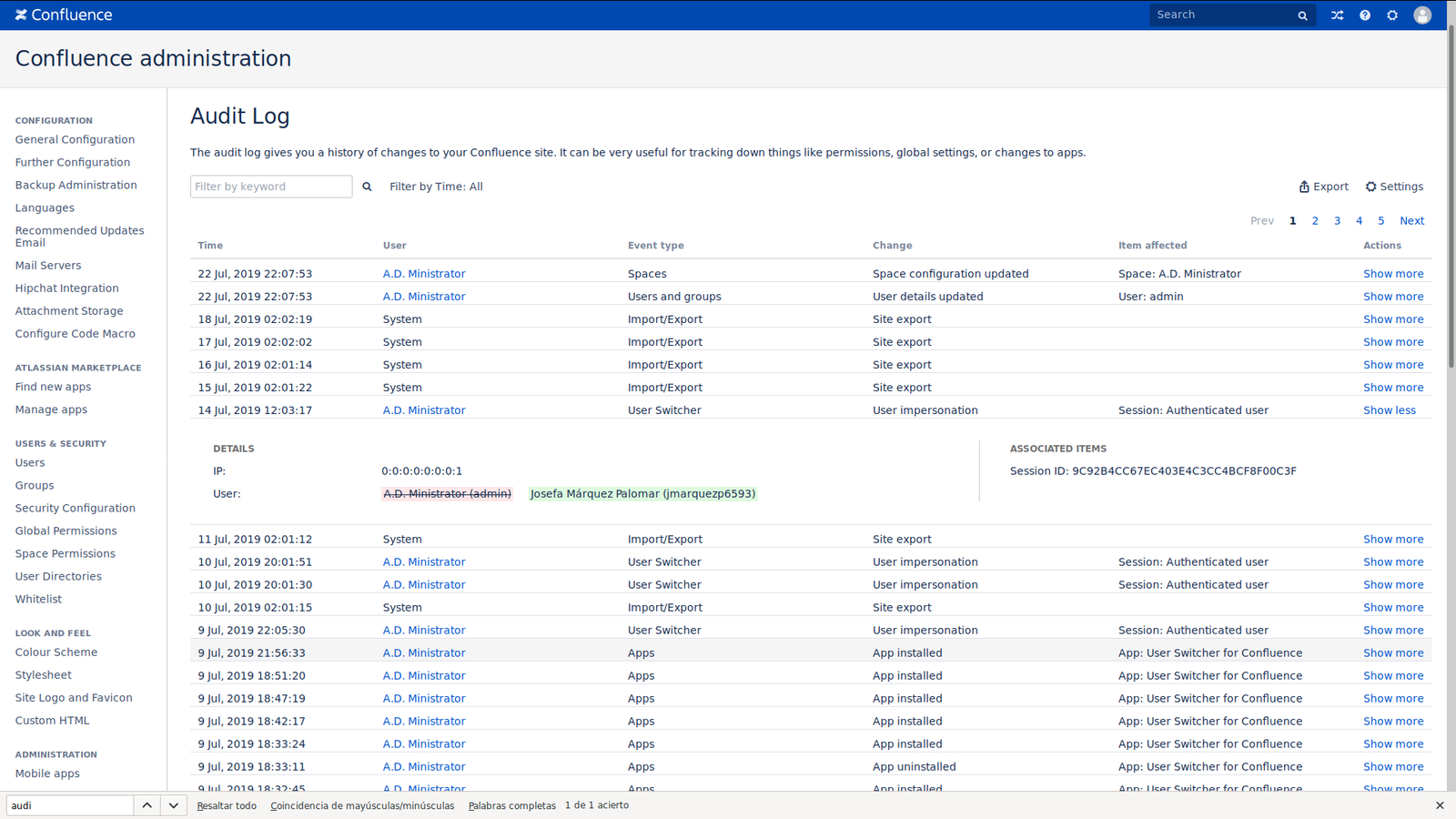 By filtering Confluence's Audit log using 'User Switcher' term, you will get useful information about User Switcher usage.