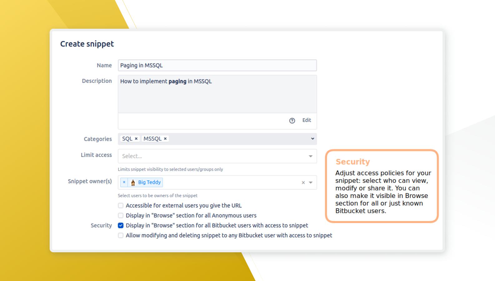 Store code snippets directly in Bitbucket