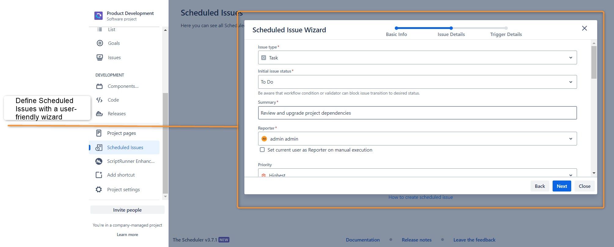Define scheduled issue with a user-friendly wizard