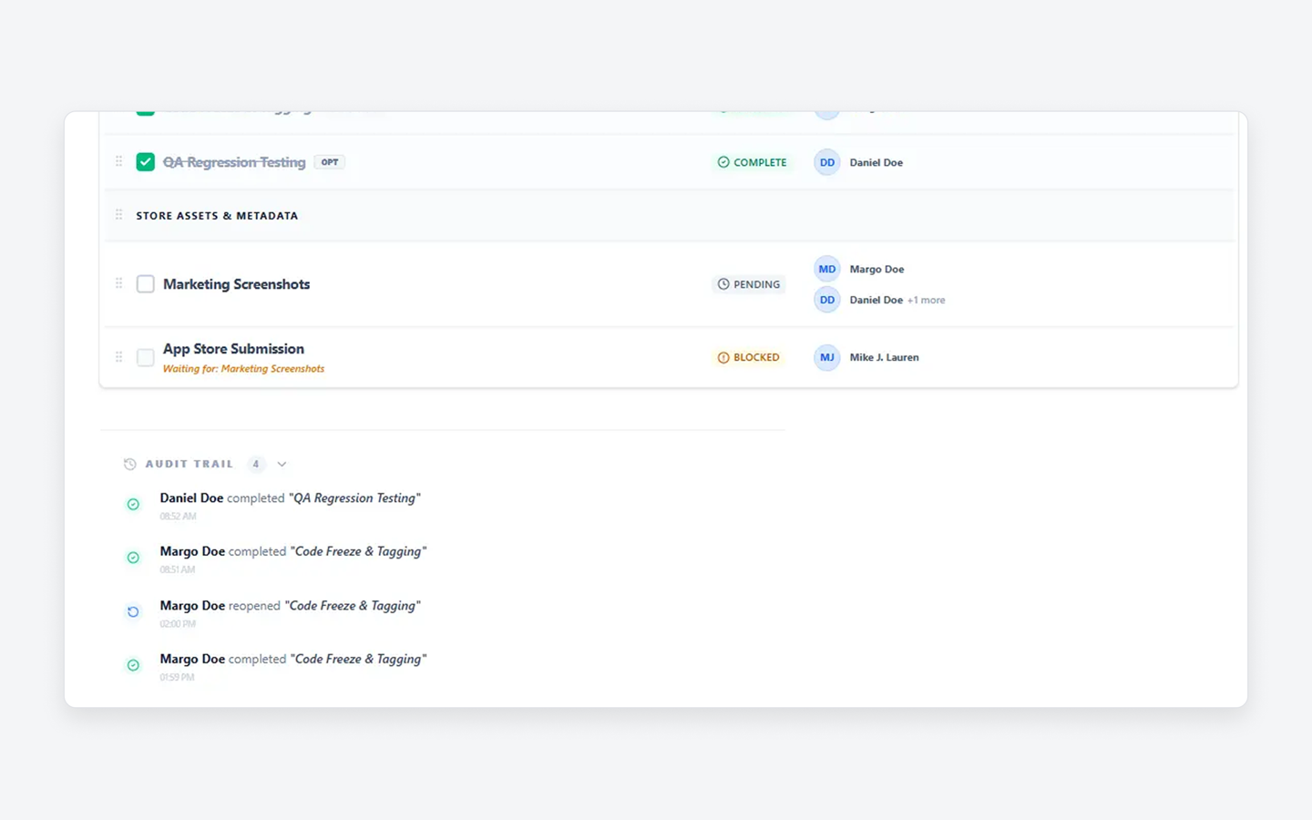 Integrated checklist view with live status synchronization and an expandable Audit Trail for total transparency