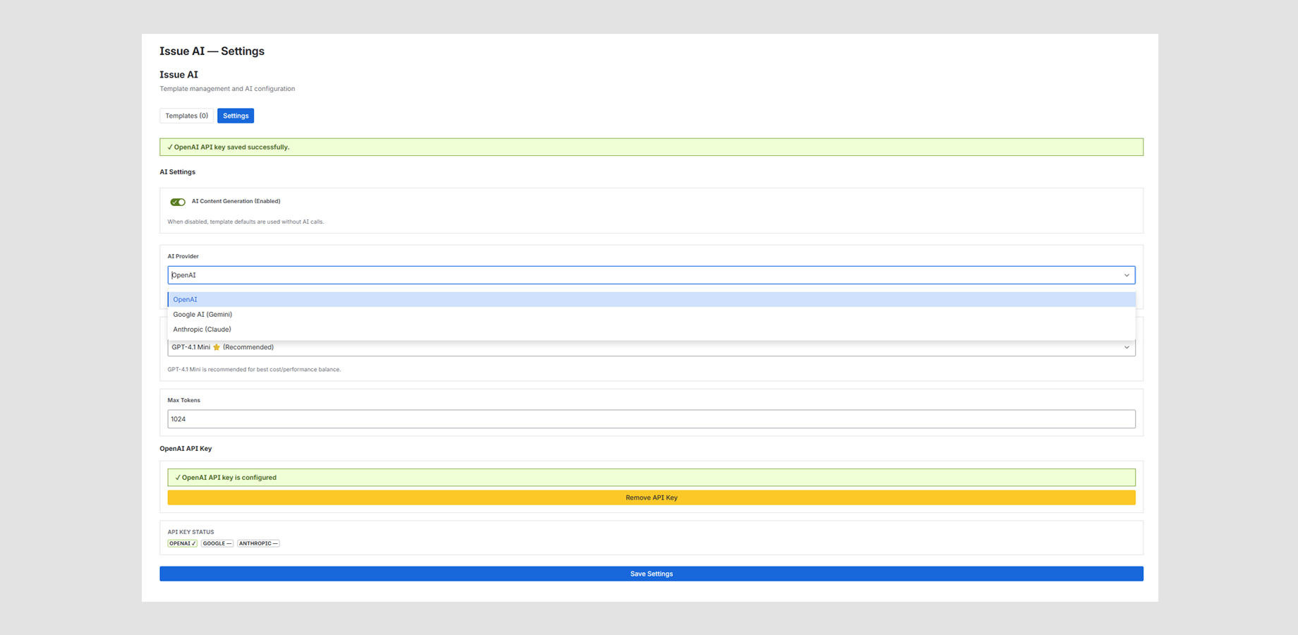 Admins can connect providers like OpenAI, Gemini, and Claude, choose models, and control AI behavior from one place