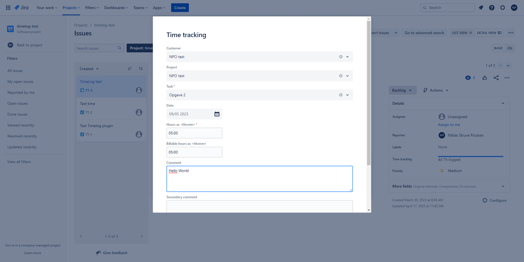 When tracking time in Jira, you can search for customers, projects and tasks from TimeLog PSA. The Project Manager then gets the complete overview in TimeLog PSA.