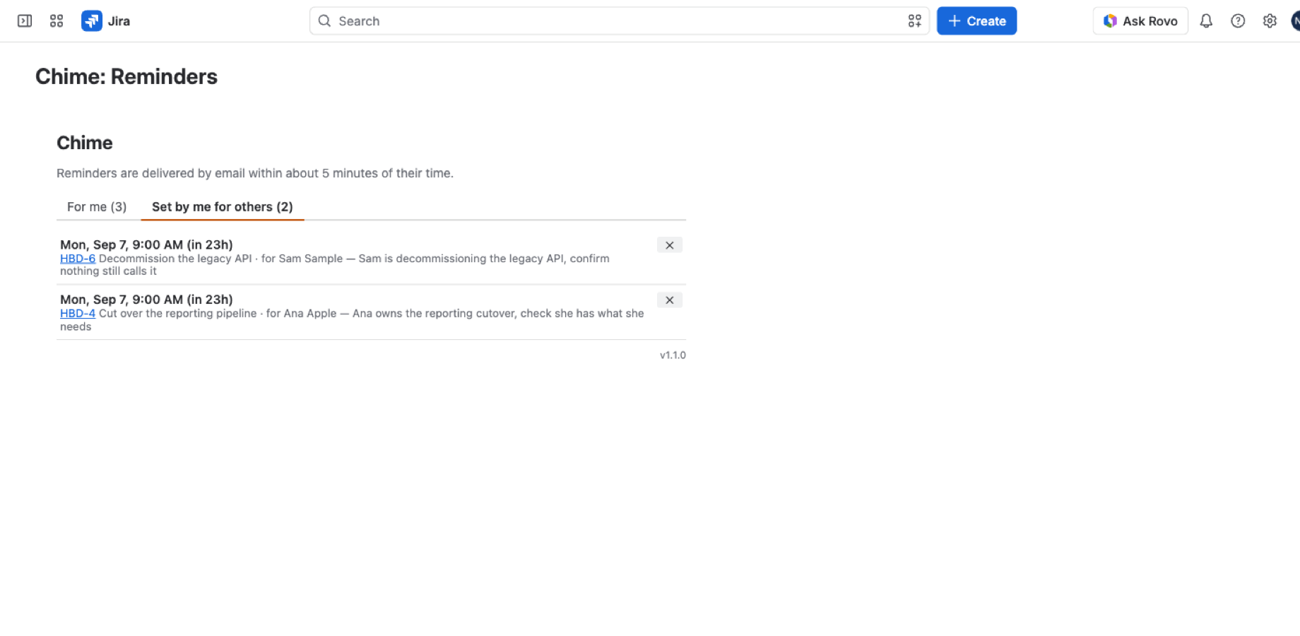 The Set by me for others tab listing reminders delegated to two teammates with their notes