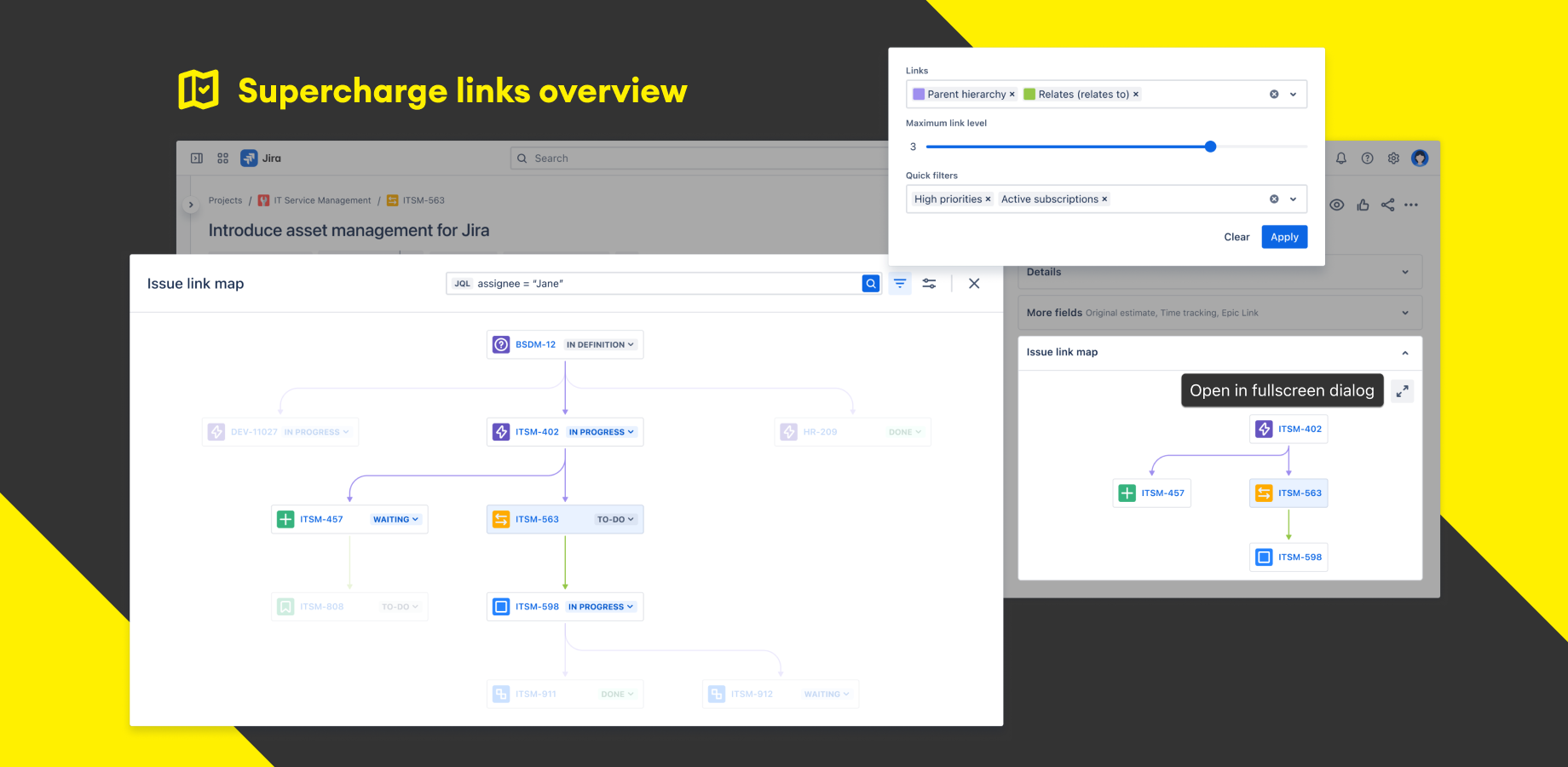 Visualize complex Jira issue dependencies with interactive link maps. Filter by link types, track parent-child relationships, and manage cross-project dependencies. Perfect for enterprise portfolio management.​