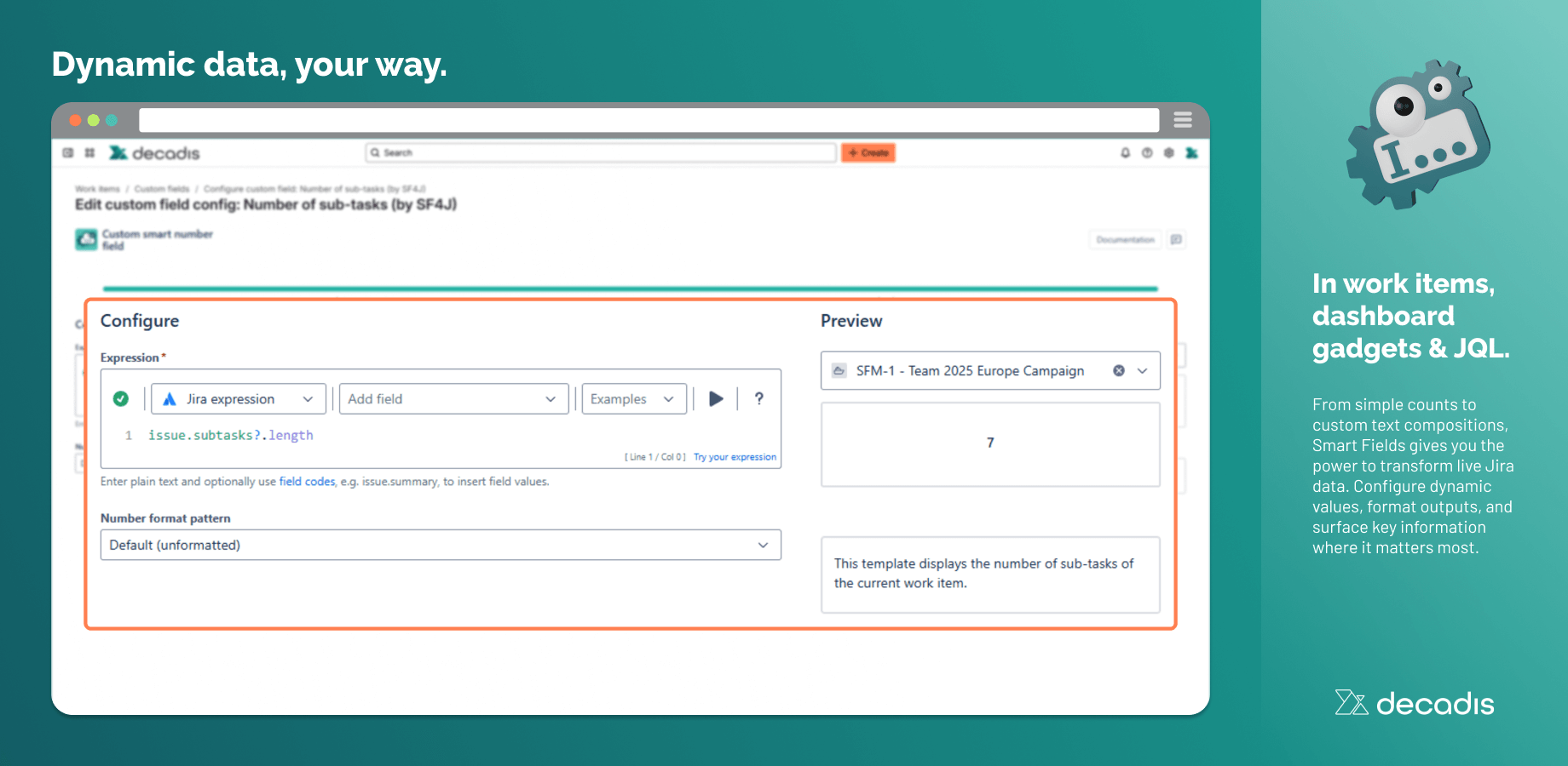 Configure powerful expressions to calculate values, aggregate work item data, or format results. Whether you’re tracking subtasks, linked items, or workflow metrics, Smart Fields adapts to your needs.