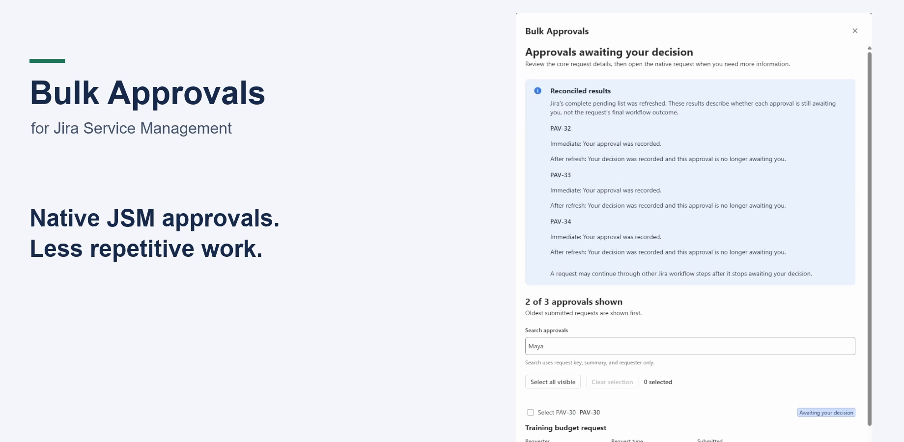 Reconciled results show whether each native approval decision was recorded and whether the approval remains awaiting the signed-in user after Jira refreshes.