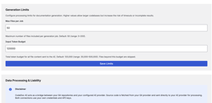 Generation Limits settings to control AI usage: configure max files per job and input token budget to manage costs and processing time