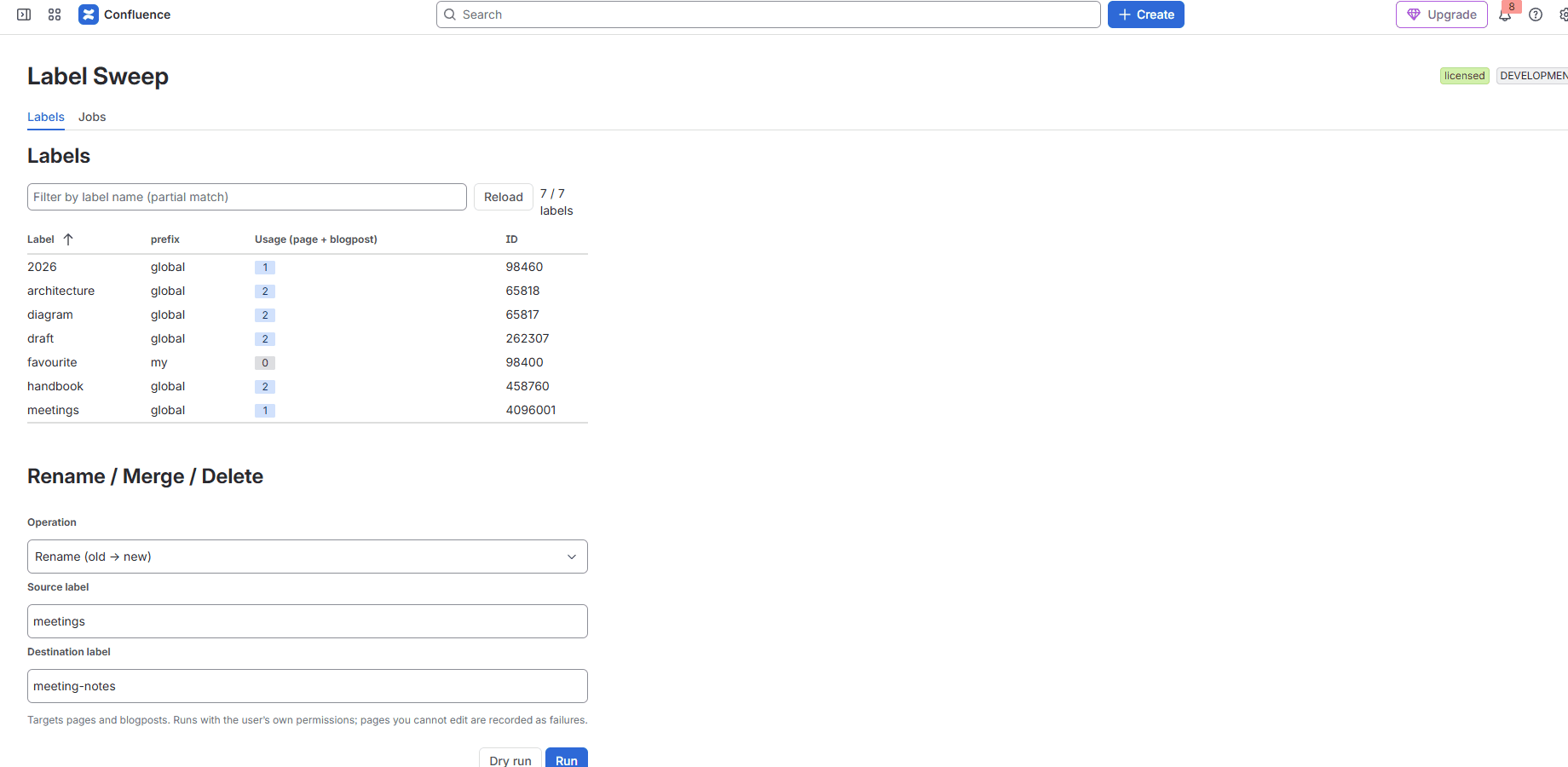 The Jobs tab with progress, resume, and the per-page execution log.