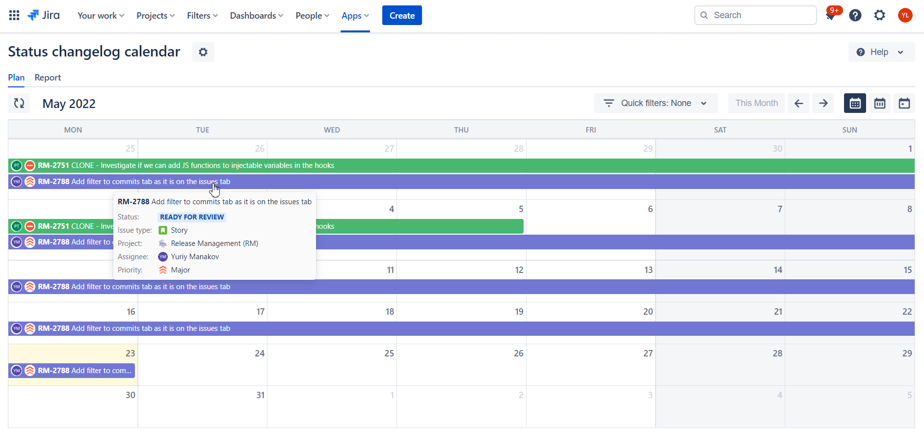 Put your issues on the Calendar. Select any Standard or Custom datetime field and start/end dates. Switch between monthly, weekly and daily views. Get insightful details with mouse over.