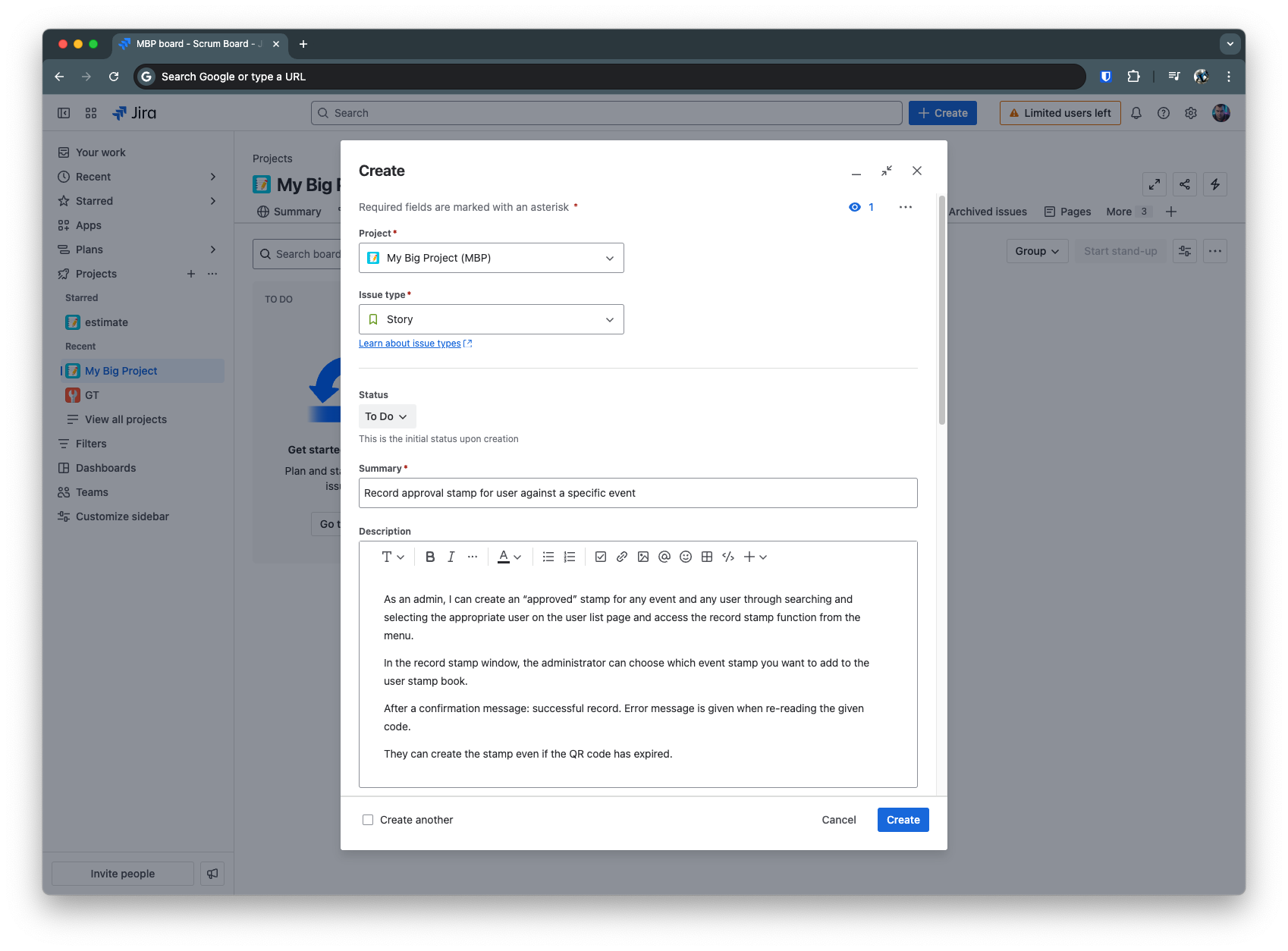 Step 1 - Create your story or task in Jira