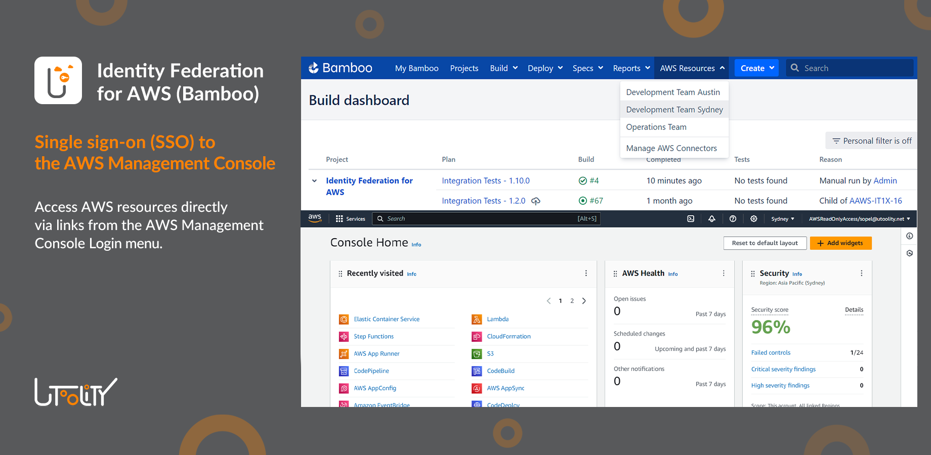 Direct SSO links to the AWS Management Console, directly from a top level pull down menu.