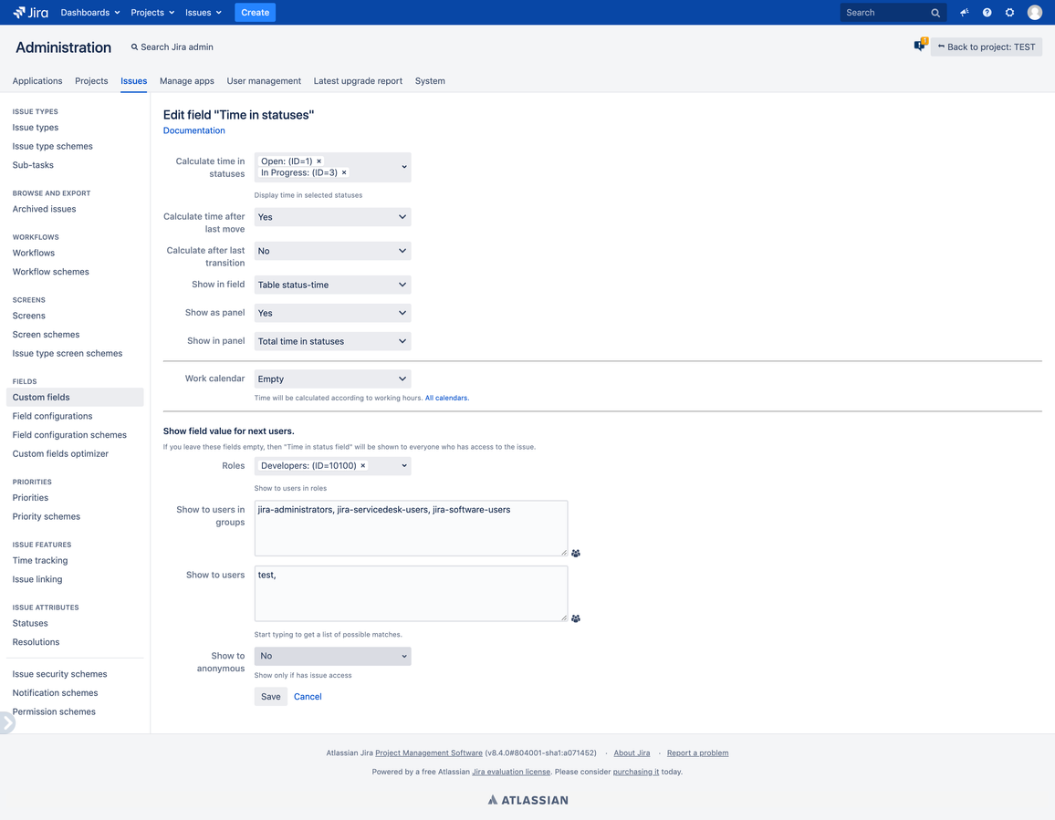 Configure your field - statuses, work calendar, permissions and other settings