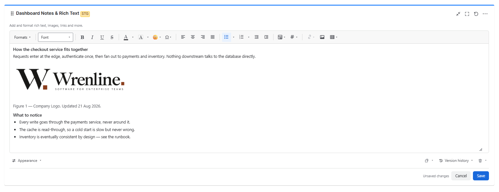 A note being written, with a picture uploaded from the author's laptop sitting in the text like a word. Select it to resize, wrap text beside it, replace it in place, or add alt text for screen readers.