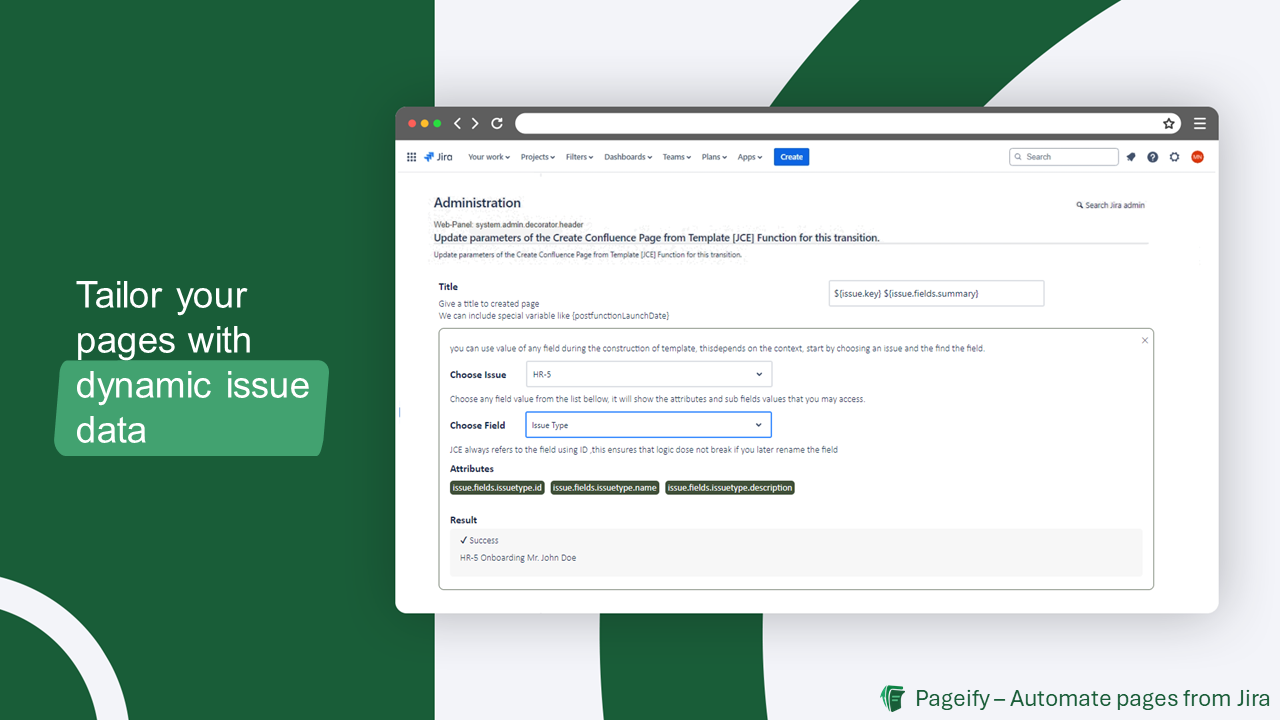 Screenshot displaying Jira's interface for adding custom field values to titles and content in Confluence templates via JCE, showing dropdown menus and a result viewer.