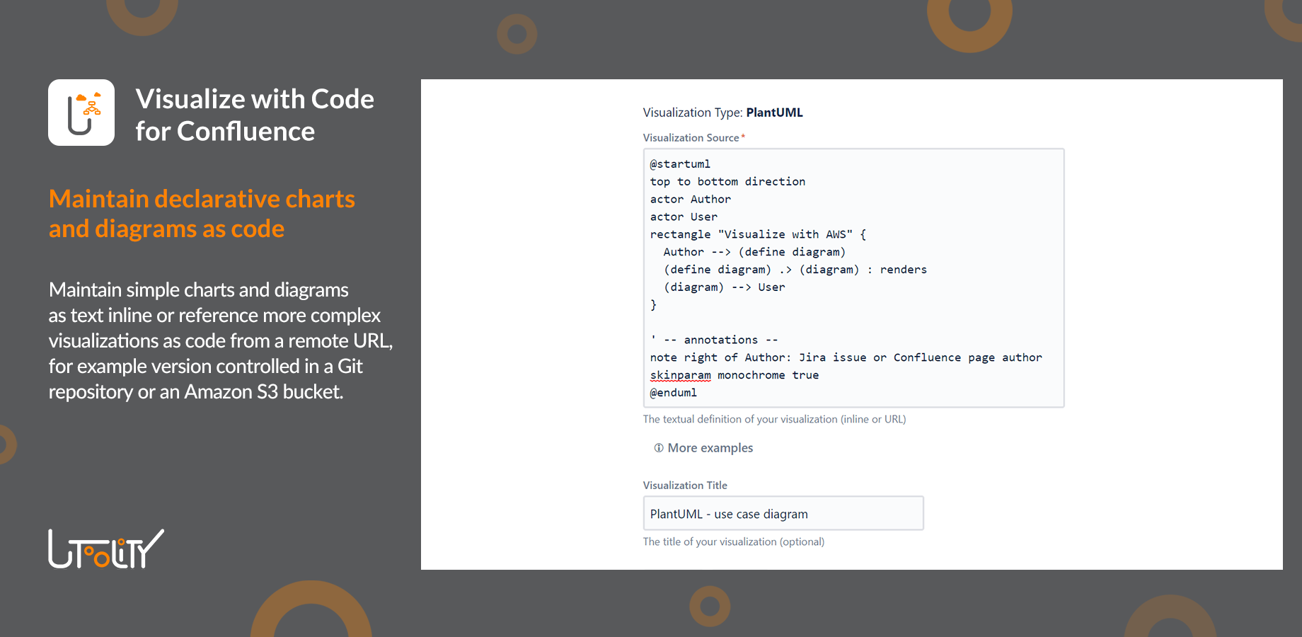 Maintain simple charts and diagrams as text inline or reference more complex visualizations as code from a remote URL, for example version controlled in a Git repository or an Amazon S3 bucket.