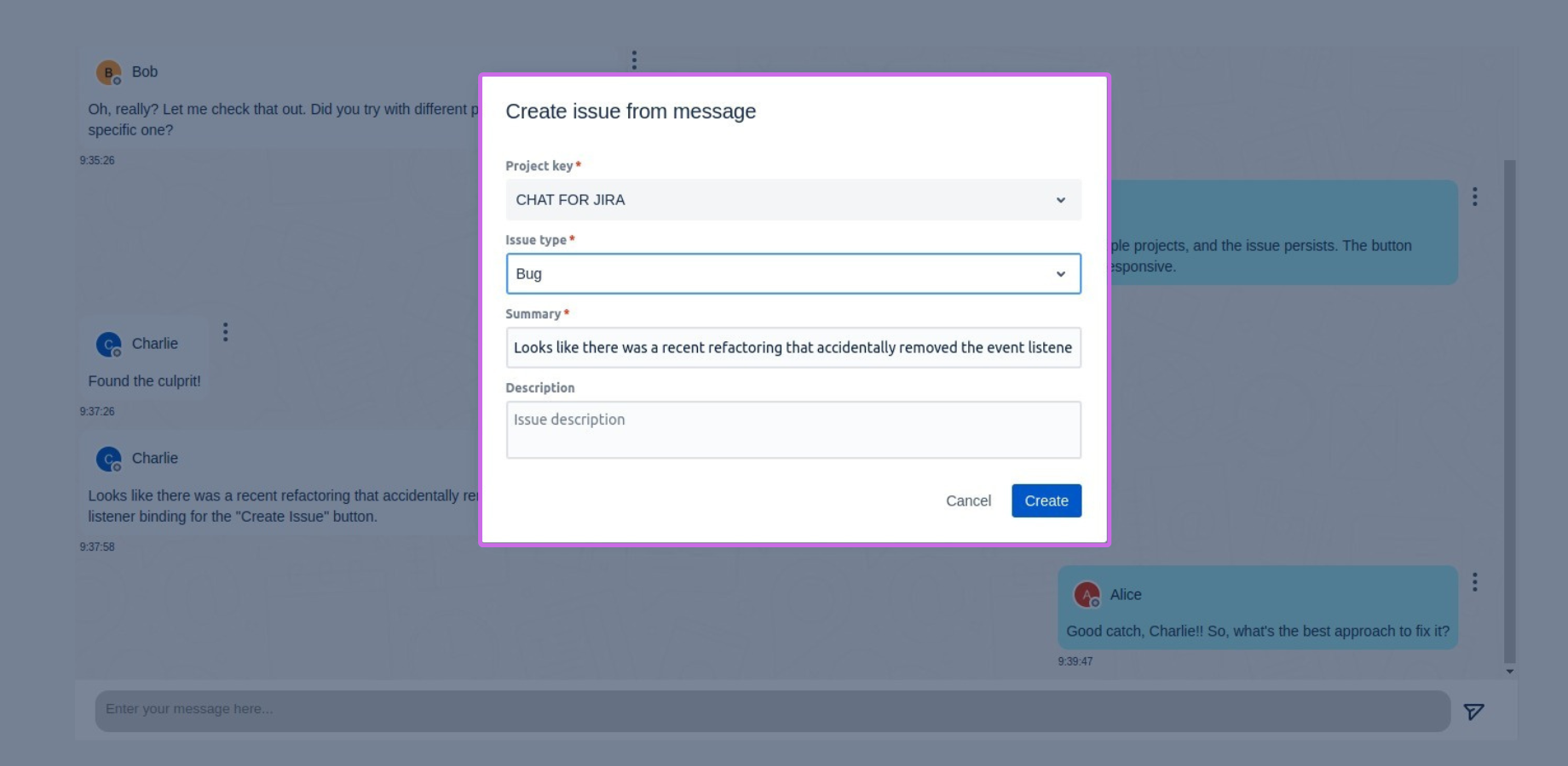 An innovative feature of Chat for Jira is the direct creation of issues from specific messages in the chat. Optimize your workflow and turn conversations into concrete and assigned actions